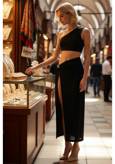 Benerly Kadın Tek Omuz Bodycon Midi Plaj Elbisesi Döküm Aksesuar Detaylı Siyah