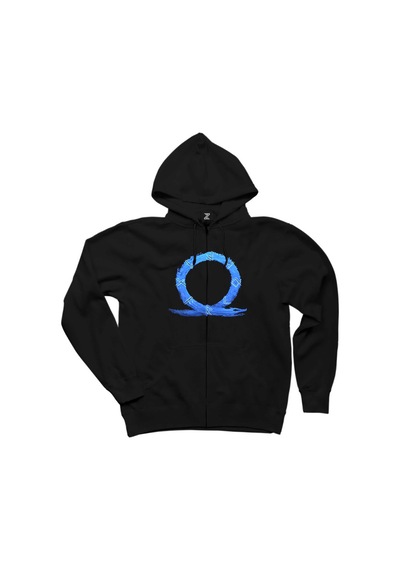 God of War Ragnarok Blue Logo Siyah Fermuarlı Kapşonlu Siyah