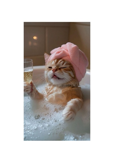 Küvette Şampanya İçen Kedi Ev Duvar Salon Güzellik Salonu Ofis Dükkan Dekarasyon Kanvas Tablo Kanvas
