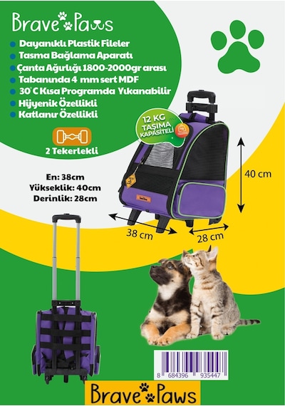 Brave Paws Tekerlekli Plastik Fileli Kedi Köpek Taşıma Çantası Çekçek Mekanizmalı