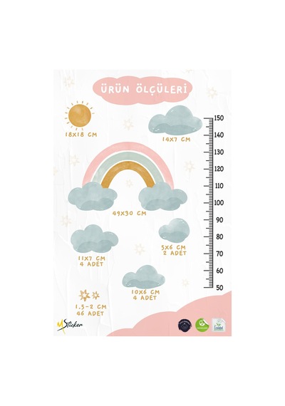 Soft Renklerde Gökkuşağı Güneş Bulut Ve Yıldızlar Temalı Boy Ölçer Boy Cetveli Sticker Seti Çocuk