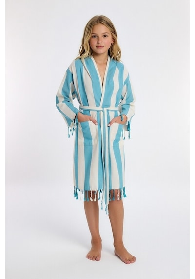 Çocuk Striped Peştamal Bornoz %100 Pamuk Unisex Mavi