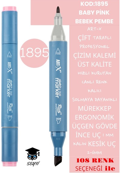 Çift Taraflı Profesyonel Çizim Kalemi Kalıcı Mürekkep Üçgen Gövde İnce Uç 1 Mm Kesik Uç 2-6mm Sketch 1895-bebek Pembe