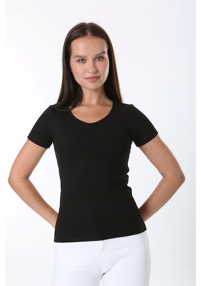 Rooted-kadın Basic V Yaka T-shirt ,fitilli Kaşkorse Kumaş Bluz SIYAH