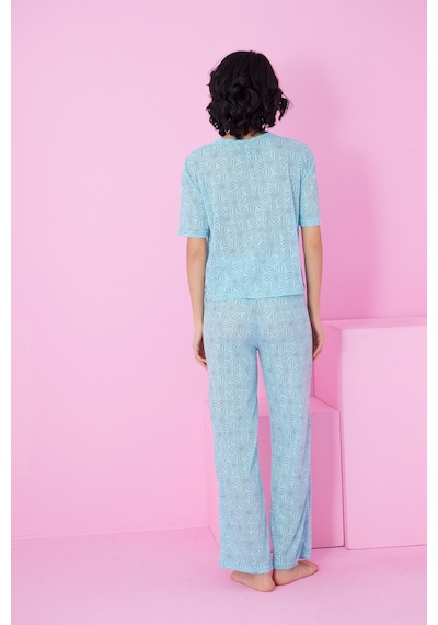 Siyah İnci Pointel Ajurlu/delikli Bisiklet Yaka Örme Pijama Takım mavi