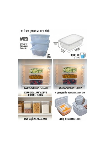 Lexroo Kapaklı Saklama Kabı 3'lü Set, 3000 Ml Her Biri, Şeffaf, Bpa İçermez, Hava Geçirmez
