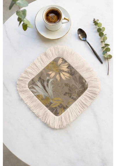Lüks Altın Renkli Saçaklı Sunum Peçetesi - Zarif Bohem Doğal Bej Tasarımlı Bardak Altlığı Mendil Mat Ada Yeşili