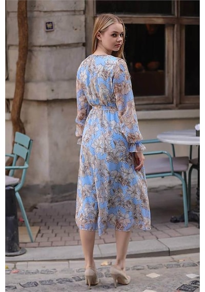 Neşeli Butik Kadın Mavi Kruvaze Yaka Çiçek Desenli Midi Elbise Rssn29 Mavi