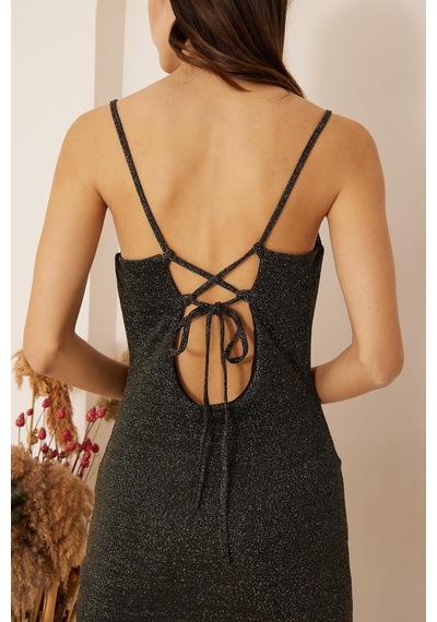 Darlin Moda Kadın Siyah Gold Simli Sırt Dekolteli Mini Elbise Dm1036 Siyah