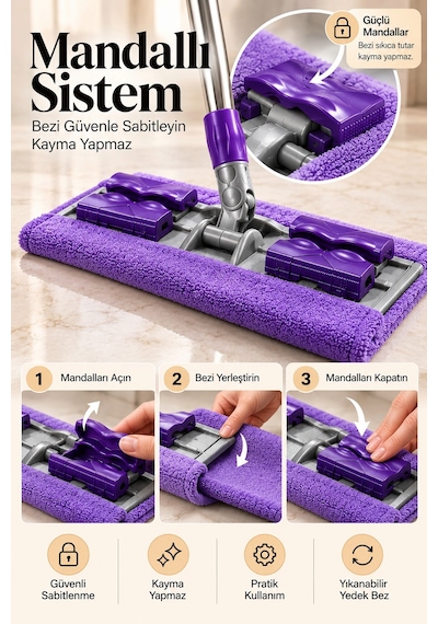 1 Adet Yedek Bez Fayans Duvar Yüzey Cam Mikrofiber Mandallı Mop