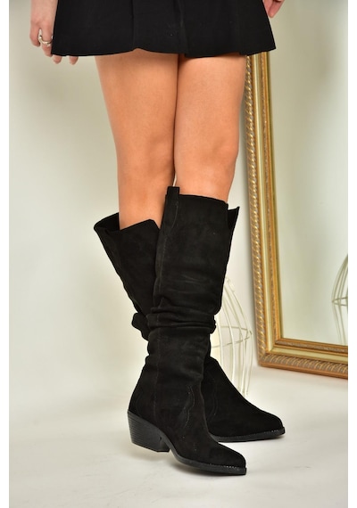 Fox Shoes T404401002 Siyah Süet Büzgülü Kadın Çizme Siyah-Süet