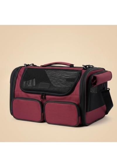 Pugalo Flycomfort Kedi Köpek Taşıma Çantası, Naylon, 40x30x35 Cm, Kabin Boy, Uçak Uyumlu, Yırtılmaz File Bordo