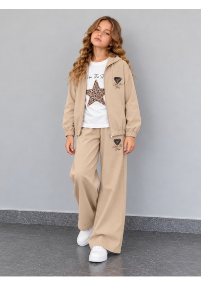 Kokoş Bebe Kız Çocuk Dokuma Viskon 3'lü Takım Leopar Yıldız Detaylı Kapüşonlu Ceket Tişört Bol Paça Pantolon - 5/13 Yaş - 31984 Krem Kokoş Bebe Kız Çocuk Dokuma Viskon 3'lü Takım Leopar Yıldız Detaylı Kapüşonlu Ceket Tişört Bol Paça Pantolon - 5/13 Yaş - 31984 Krem