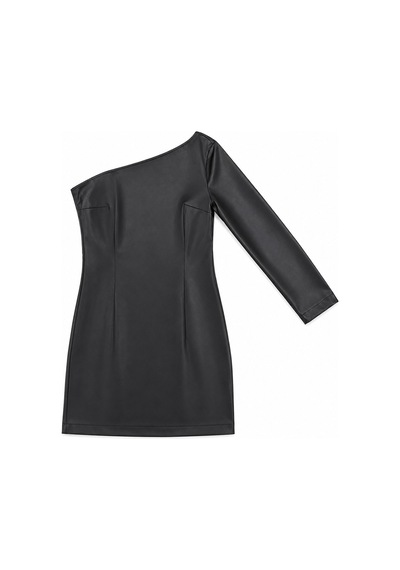 LTB Skinny Fit Deri Görünümlü Mini Siyah Elbise