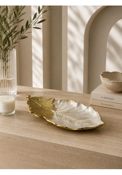 Krem Gold Yaprak Tabak Dekoratif Obje-7172