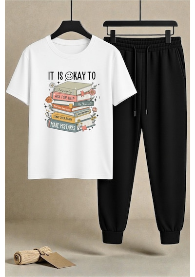 Uyguntarz Unisex Its Okay To Tasarım Baskılı Tişört - 2'li Eşofman Takımı Beyaz Uyguntarz Unisex Its Okay To Tasarım Baskılı Tişört - 2'li Eşofman Takımı Beyaz