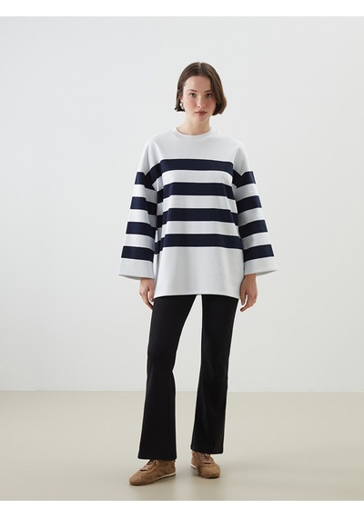 Lcwaıkıkı Classic Lacivert Bisiklet Yaka Çizgili Oversize Kadın Sweatshirt Tunik