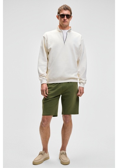 Grımelange NESTOR Erkek Relaxed Fit Dik Yakalı Yarım Fermuarlı Uzun Kollu Ekru Sweatshirt