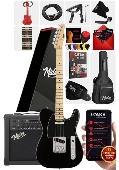 Midex TLX - 50BK - 25AMP Tele Kasa Maple Klavye 2 Single - Coil 25W Amfili Elektro Gitar