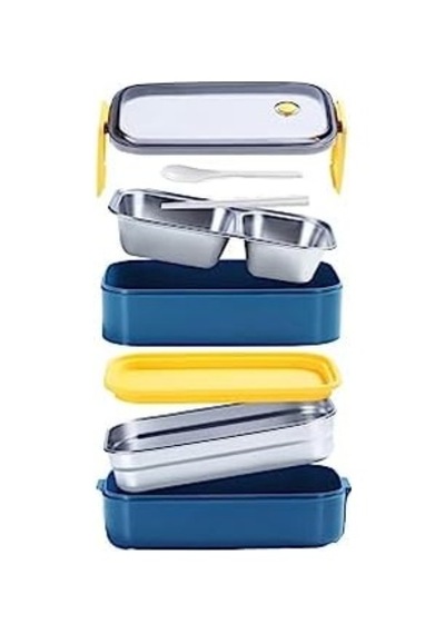 1400ml Lunchbox İki Katlı 2 Bölmeli Çelik Sefer Tası Yemek Kutusu Lacivert-sarı Bakır