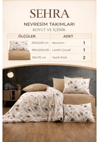 Lüks%80 Pamuklu Çift Kişilik Nevresim Takımı Seti Yorgan Kılıfı Krem Yaprak Desen 200x220 Cm + Lastikli Battal B Diğer