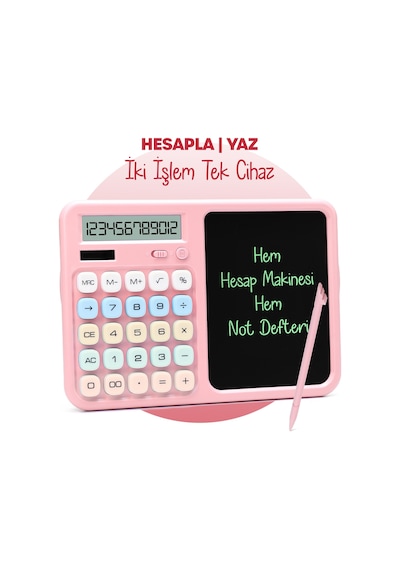 Lcd Ekran Yazı Tahtalı Hesap Makinesi 12 Haneli Tabletli Hesap Makinesi Pastel Pembe