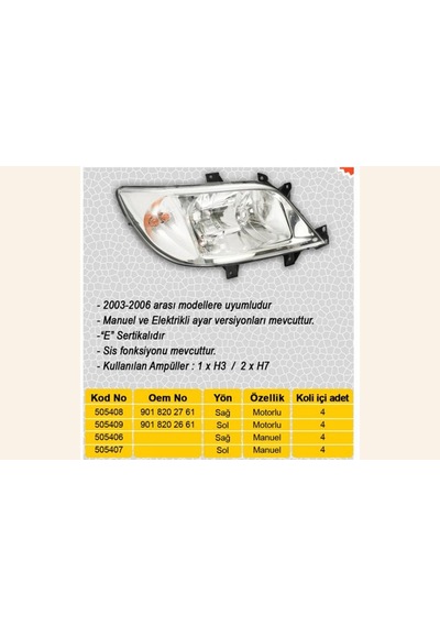 Far - 866 - Sinyal Sis Sağ Sprınter 04/00-05/06 Elektrikli H7 - Kmrsfres - H3 H7