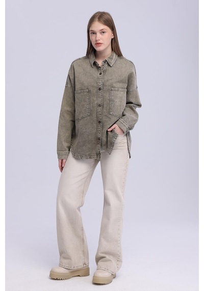 Selectmoda Kadın Çift Cepli Çıtçıt Kapamalı Oversize Kot Gömlek haki