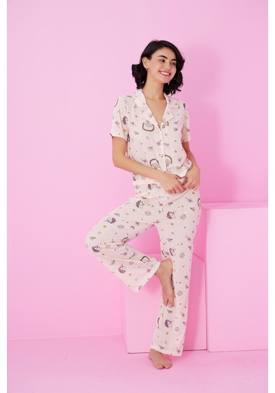 Siyah İnci Pointel Ajurlu/delikli Gömlek Yaka Örme Düğmeli Pijama Takım Somon Unicorn
