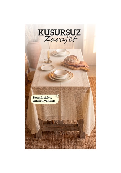 Ekru Masa Örtüsü Dantel Kenarlı Leke Tutmaz Silinebilir Şık Yemek Masası Örtüsü 140x220 Cm Ekru - Bej