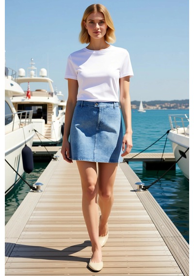 Benerly Kadın Mini Şort Yüksek Bel Lastikli Düz Desen Non Stretch Denim R mavi