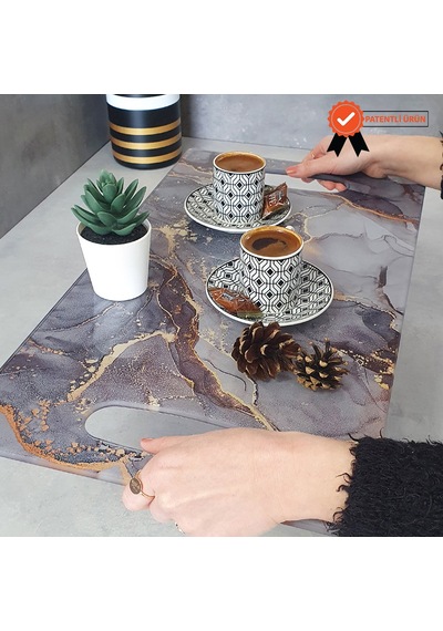 Decorita Cam Tepsi Gold Mermer Desen 29Cm X 52Cm