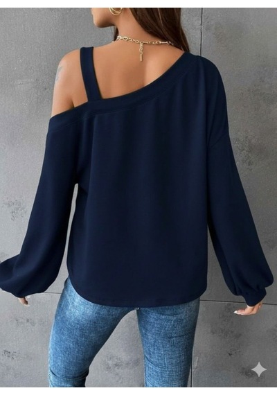Moderie Butik Kadın Uzun Kollu Tek Omuz Askı Detay Salaş Viskon Iki Iplik Bluz Lacivert