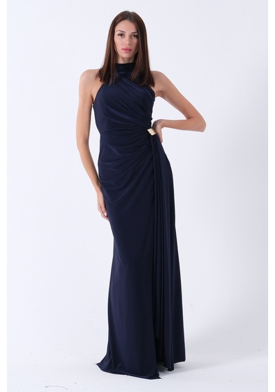 Feminist Lacivert Halter Yaka Drapeli Beli Gold Toka Detaylı Straplez Abiye 9705862