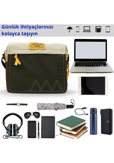 Cappadocia Vintage 4009 Omuz Postacı Yeşil Krem 15.6 Laptop Çanta Yesil