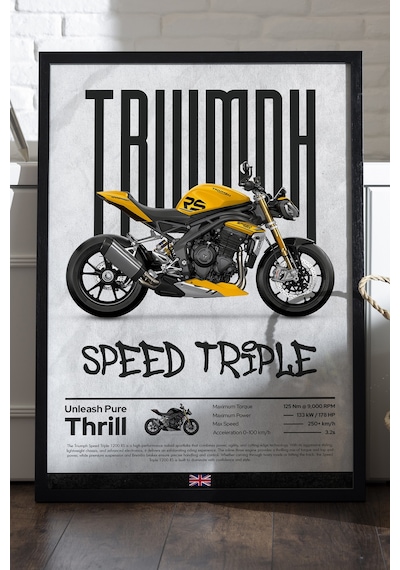 Truimph Speed Triple Siyah Ahşap Çerçeveli Poster, Dekoratif Motosiklet Duvar Tablosu