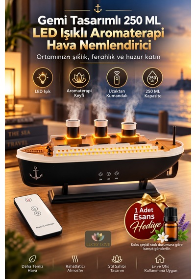 Gemi Tasarımlı 250 Ml Led Işıklı Aromaterapi Hava Nemlendirici Buhar Makinesi Uzaktan Kumandalı Zaman Ayarlı