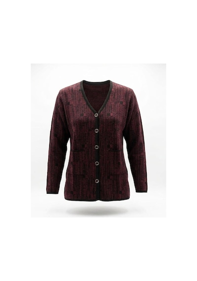 Onno Style Women Desenli Klasik Triko Düğmeli Ceket Siyah - Bordo