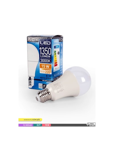 ACK LED A70 Ampul 3000K Gün Işığı 220V 15W E27