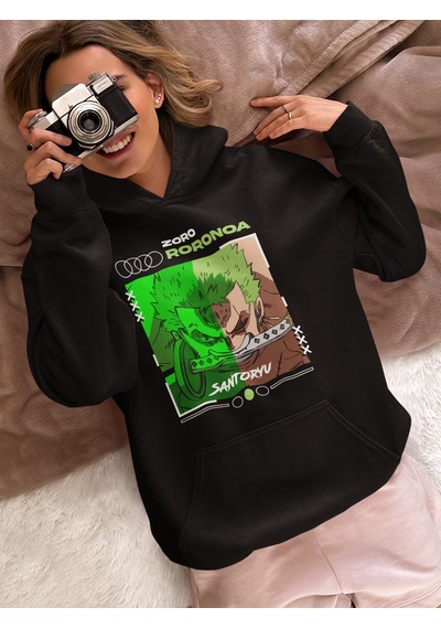 Sevbano Zoro Roronoa Santoryu One Piece Baskılı Unisex Oversize Anime Kar Siyah