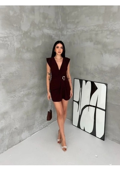 Valensdesign Kruvaze Drapeli Tokalı Mini Elbise Şık Gece Davet Abiye - Kahverengi