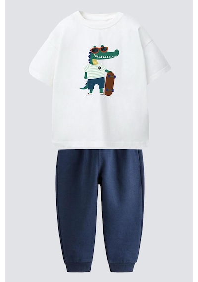 Erkek Çocuk Pamuklu Timsah Baskılı T-shirt Ve Eşofman Altı 2'li Takım Ekru - Lacivert