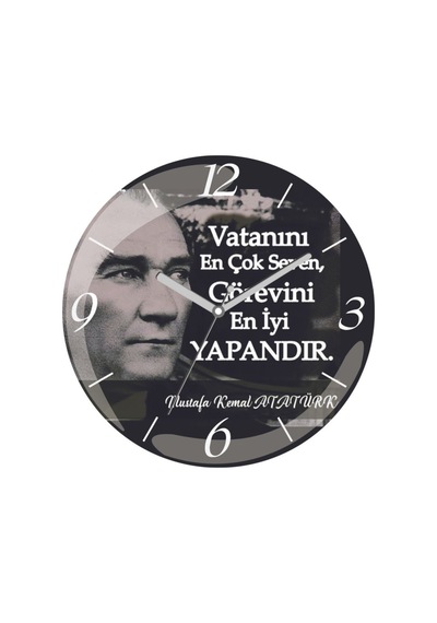 Atatürk Bombeli Gerçek Cam Duvar Saati Siyah
