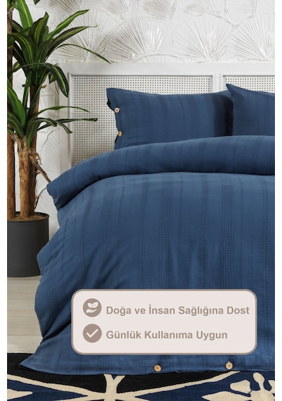 Elart Tiara Nevresim Takımı Çift Kişilik Lastikli Çarşaf %100 Pamuk Ranforce Ahşap Düğmeli 200x220 Cm Mavi Mavi