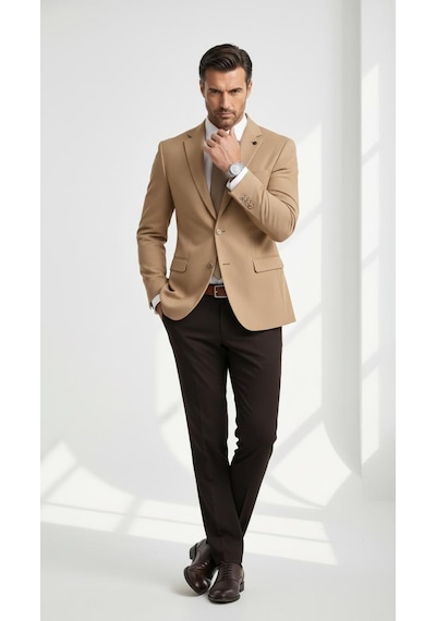 Plus Scorpion Slim Fit Pike Dokuma Erkek Blazer Ceket Modern Şık Günlük Kombin Bej