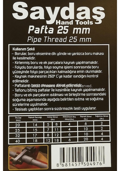 Saydaş Pprc Tesisat Boru Paftası, Kaynak Birleştirme Makinası Paftası, Plastik Boru Paftası, Döküm 25 Mm