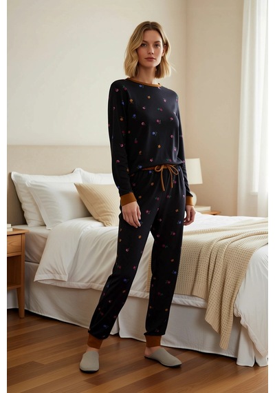 Benerly Kadın Bisiklet Yaka Standart Kol Çiçekli Örme Pijama Takımı Fonks Siyah