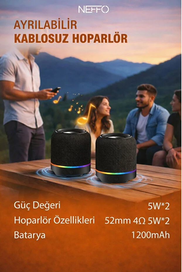 Ayrılabilir Bluetooth 5.3 Hoparlör Çift 52mm Sürücü, Yüksek Ses, Stereo Ses Sistemi Siyah