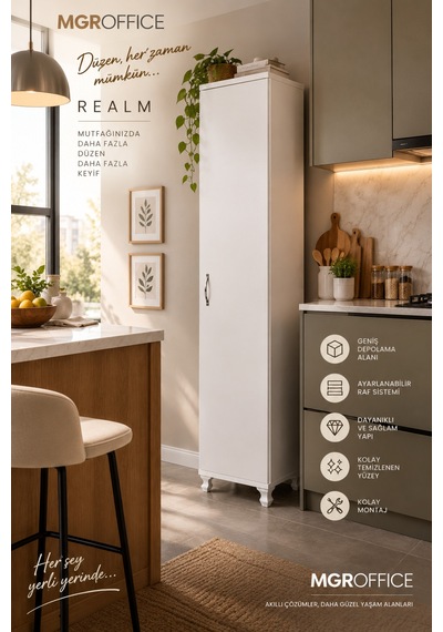 Realm Çok Amaçlı Tek Kapaklı 5 Raflı Mutfak Erzak Ve Banyo Dolabı Beyaz Beyaz