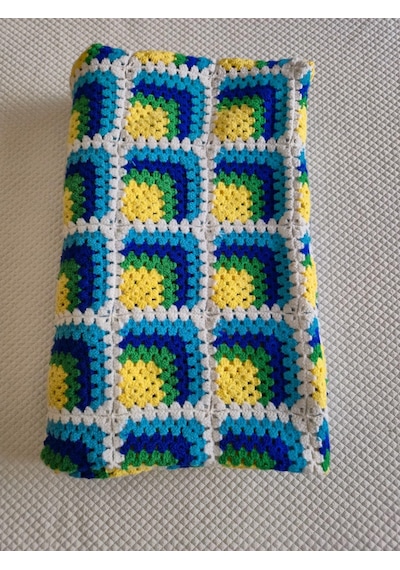 El Yapımı Tığ İşi Granny Square Battaniye Mavi 36 Derece Üstü